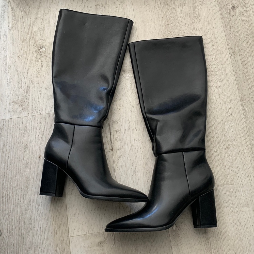 Top walks‎ tall boot faux leather size 8 black classic pointy toe block heels